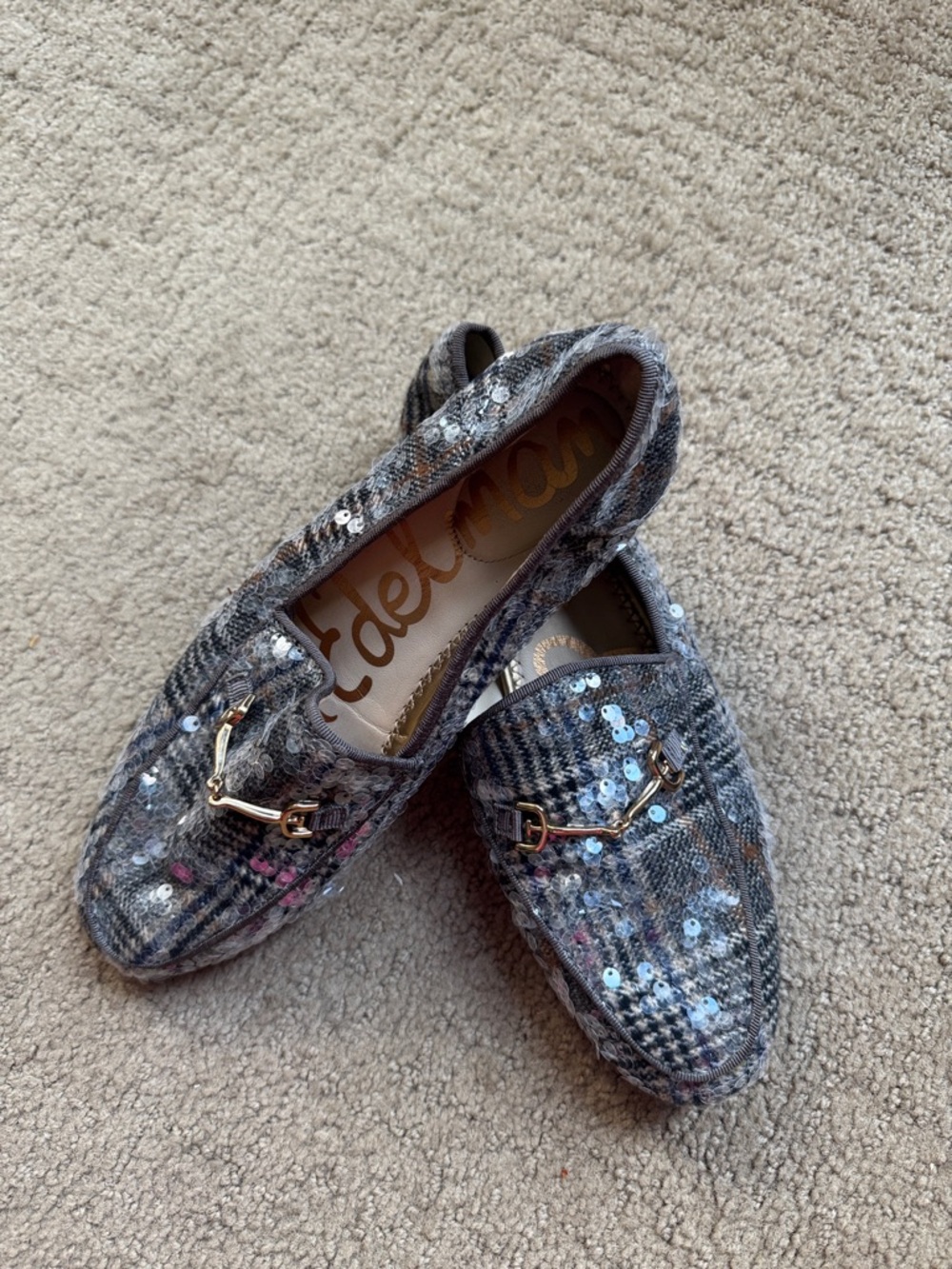 Sam Edelman Gray Tweed Sequin Loafers with Gold Tone Bit